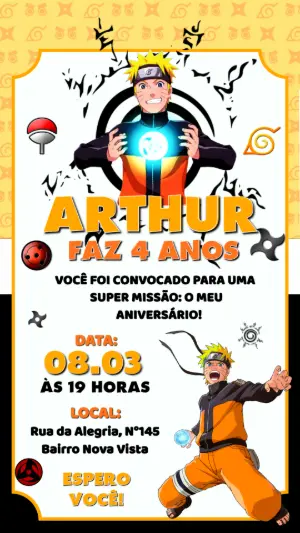 Convite Digital Tema Naruto para Aniversário Infantil Editável