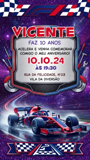 Convite de Aniversário Fórmula 1 Moderno para Editar