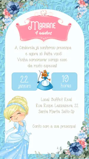 Convite Aniversário Cinderela Princesa para Editar Online