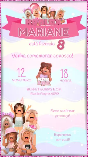 Convite de Aniversário Roblox Menina Rosa para Editar