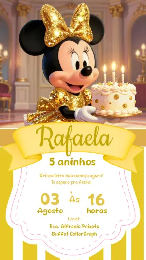 Convite de Aniversário Minnie Luxo Dourado para Editar