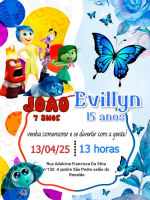Convite Aniversário Duplo Divertida Mente e Borboletas para Editar