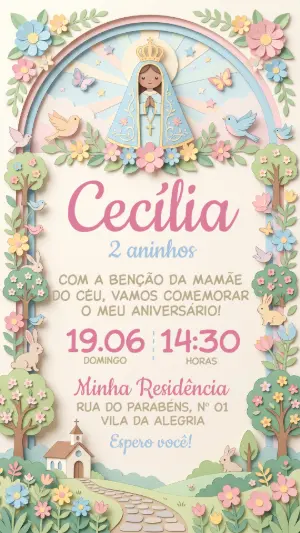Convite de Aniversário Infantil Nossa Senhora Jardim Editável
