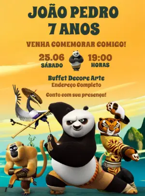 Convite de Aniversário Kung Fu Panda Modelo Editável