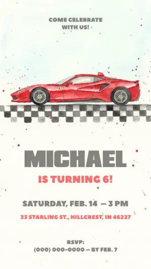 Ferrari Sports Car Birthday Invitation | Editable Watercolor Template
