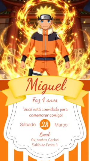 Convite de Aniversário Naruto Laranja e Amarelo Modelo Editável