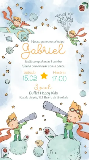 Convite de Aniversário Pequeno Príncipe Aquarela para Editar