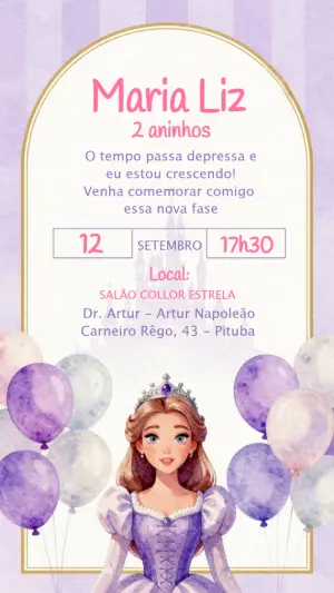 Convite Animado Aniversário Princesa Lilás para Editar