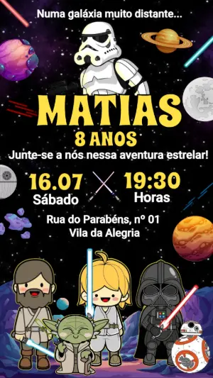 Convite de Aniversário Star Wars Chibi: Modelo Editável para Festa