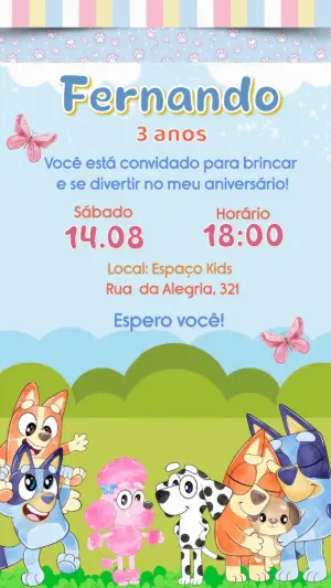 Convite Animado Aniversário Bluey e Bingo para Editar Online