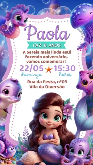 Convite de Aniversário Sereia Fofa para Editar Online