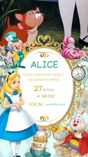 Convite Animado Aniversário Alice no País das Maravilhas para Editar