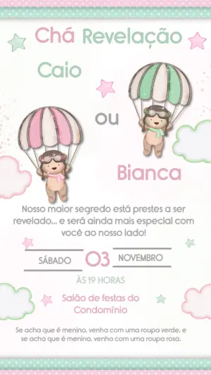 Convite Chá Revelação Ursinhos Paraquedistas Editável