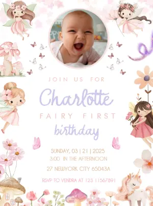 Editable Fairy First Birthday Invitation with Photo Template