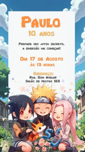 Convite de Aniversário Naruto com Personagens para Editar Online