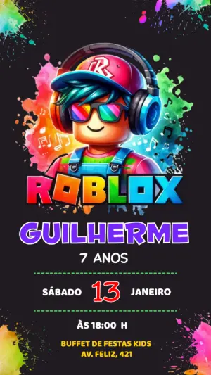 Convite Digital Roblox Gamer Vibrante Modelo Editável