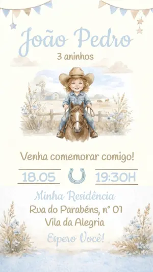 Convite de Aniversário Cowboy Aquarela Editável