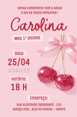 Convite de Aniversário Tema Cerejinha para Editar Online