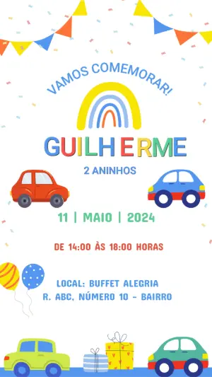 Convite de Aniversário Infantil Carros Coloridos para Editar