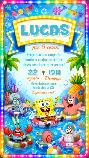 Convite de Aniversário Bob Esponja Festa na Piscina Editável