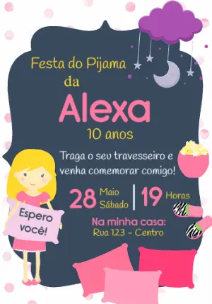 Convite Aniversário Festa do Pijama Menina para Editar Online