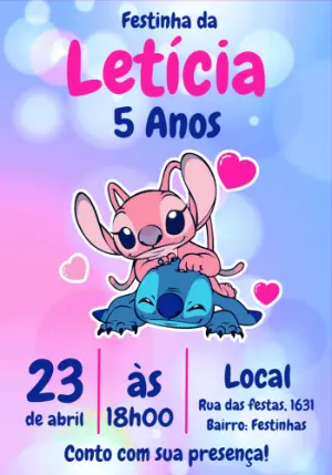 Convite de Aniversário Stitch e Angel para Editar Online