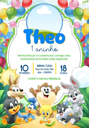Convite de Aniversário Baby Looney Tunes Colorido para Editar