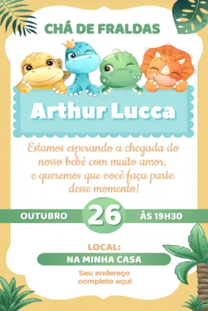 Convite Chá de Fraldas Dinossauro Baby Fofo para Editar
