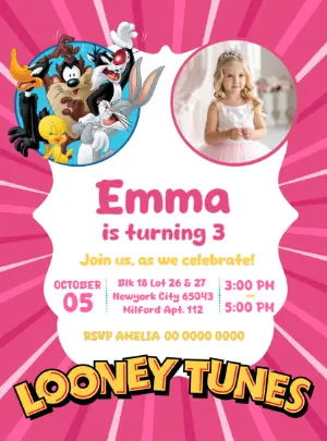 Looney Tunes Pink Birthday Invitation for Girls - Editable Template