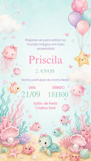 Convite de Aniversário Fundo do Mar Aquarela Editável