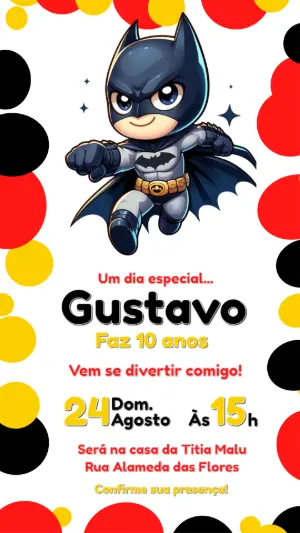 Convite de Aniversário Batman Fofo e Colorido para Editar