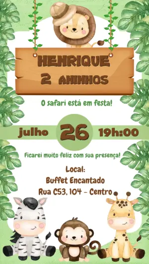 Convite de Aniversário Safari Fofo para Editar Online