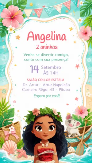 Convite de Aniversário Moana Aquarela para Editar