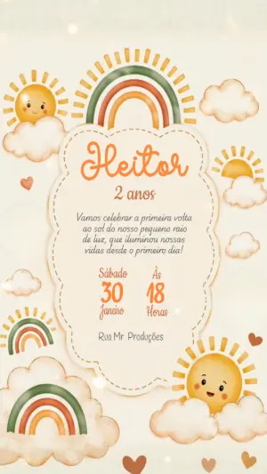 Convite Animado Aniversário Infantil Sol e Arco-íris Boho Editável
