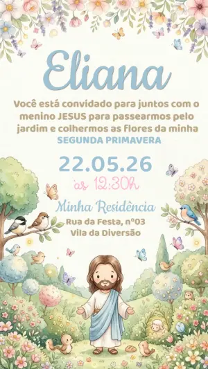 Convite Aniversário Jardim do Menino Jesus Aquarela Editável