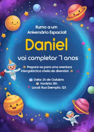 Convite de Aniversário Espacial Infantil para Editar