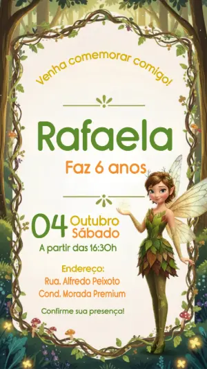 Convite Aniversário Infantil Fada na Floresta Modelo Editável