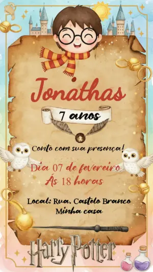 Convite de Aniversário Harry Potter Infantil Editável