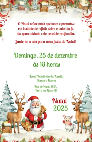 Convite de Natal Aquarela com Papai Noel e Renas Editável