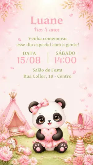 Convite de Aniversário Panda Menina Aquarela para Editar