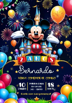 Convite de Aniversário do Mickey no Castelo Mágico Editável