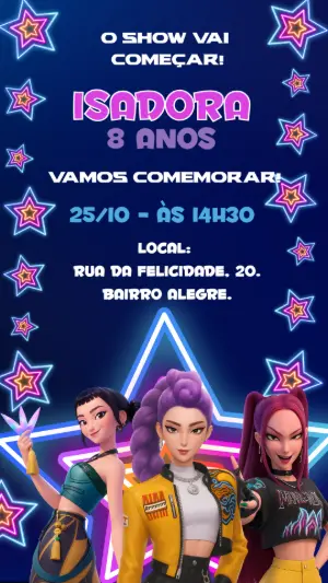 Convite de Aniversário K-Pop com Guerreiras para Editar Online