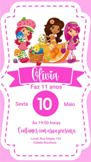 Convite de Aniversário Moranguinho Rosa para Editar