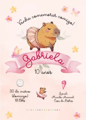 Convite de Aniversário Capivara Bailarina para Editar Online