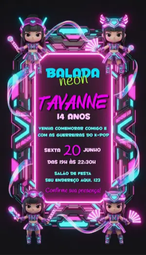Invitation d'anniversaire KPop Demon Hunters – Statique – Convite digital - Edite você mesmo