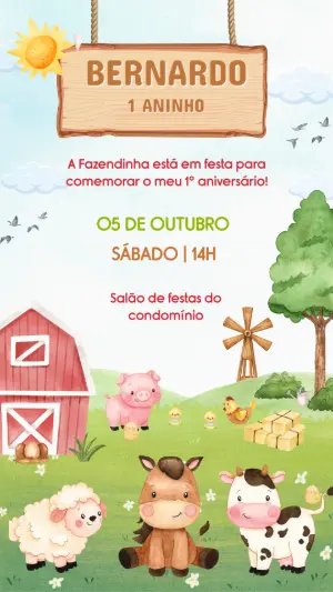 Convite Digital Infantil Tema Fazendinha Modelo Editável