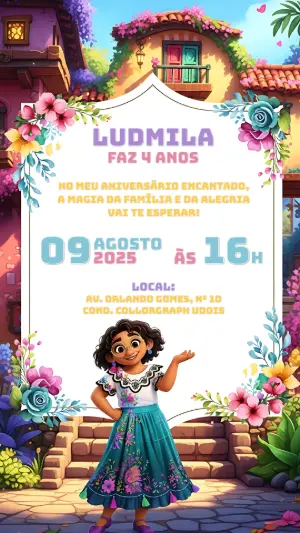 Convite de Aniversário Encanto com Personagem para Editar Online