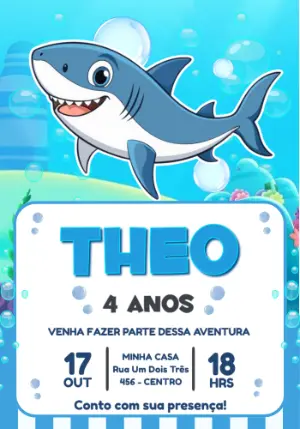 Convite Digital Infantil Tema Tubarão Azul Editável