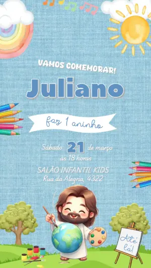 Convite Animado Aniversário Infantil Jesus Pintor para Editar