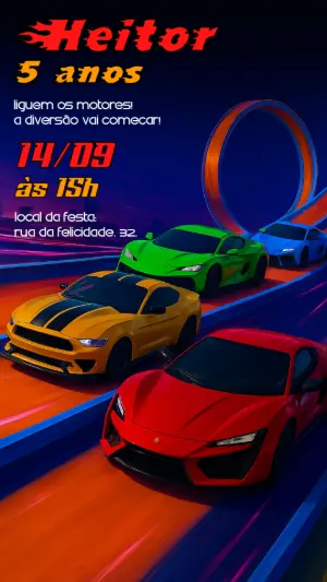 Convite de Aniversário Carros de Corrida para Editar Online